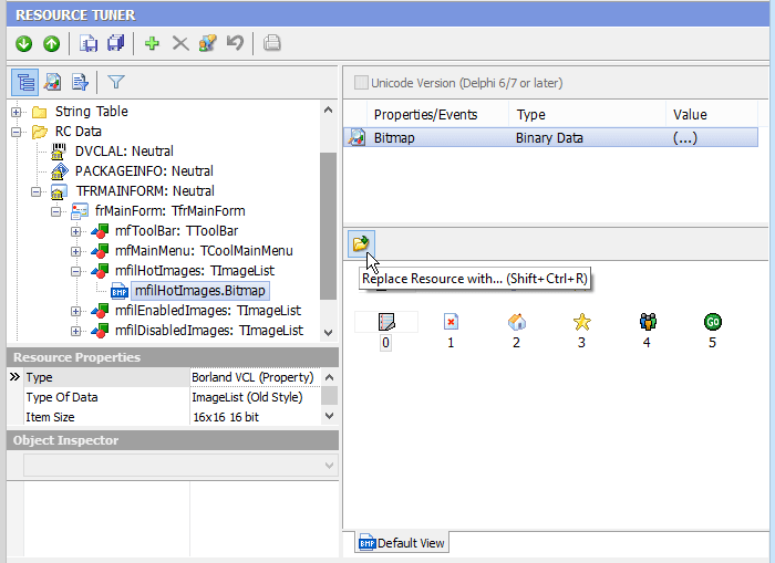 Resource Editor: All the found objects with all assigned properties and events are displayed in a hierarchical tree