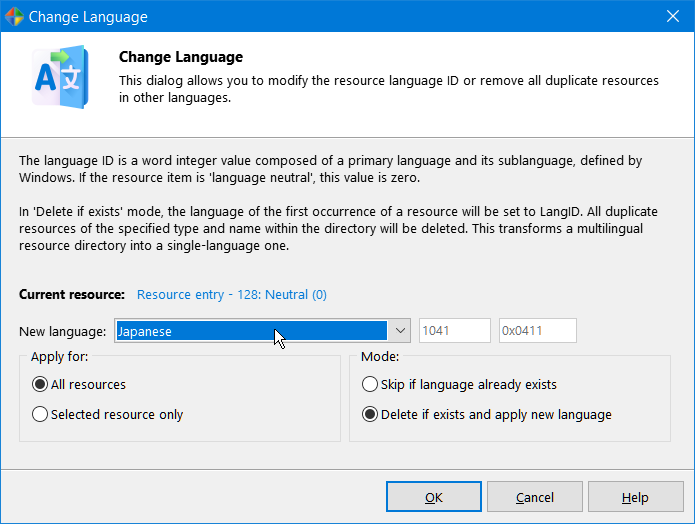 Select new language