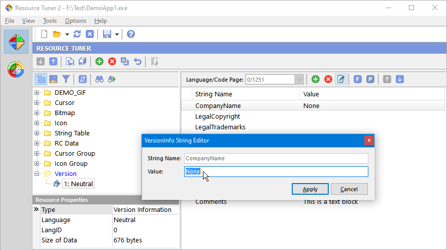 Open the StringFileInfo Value Editor